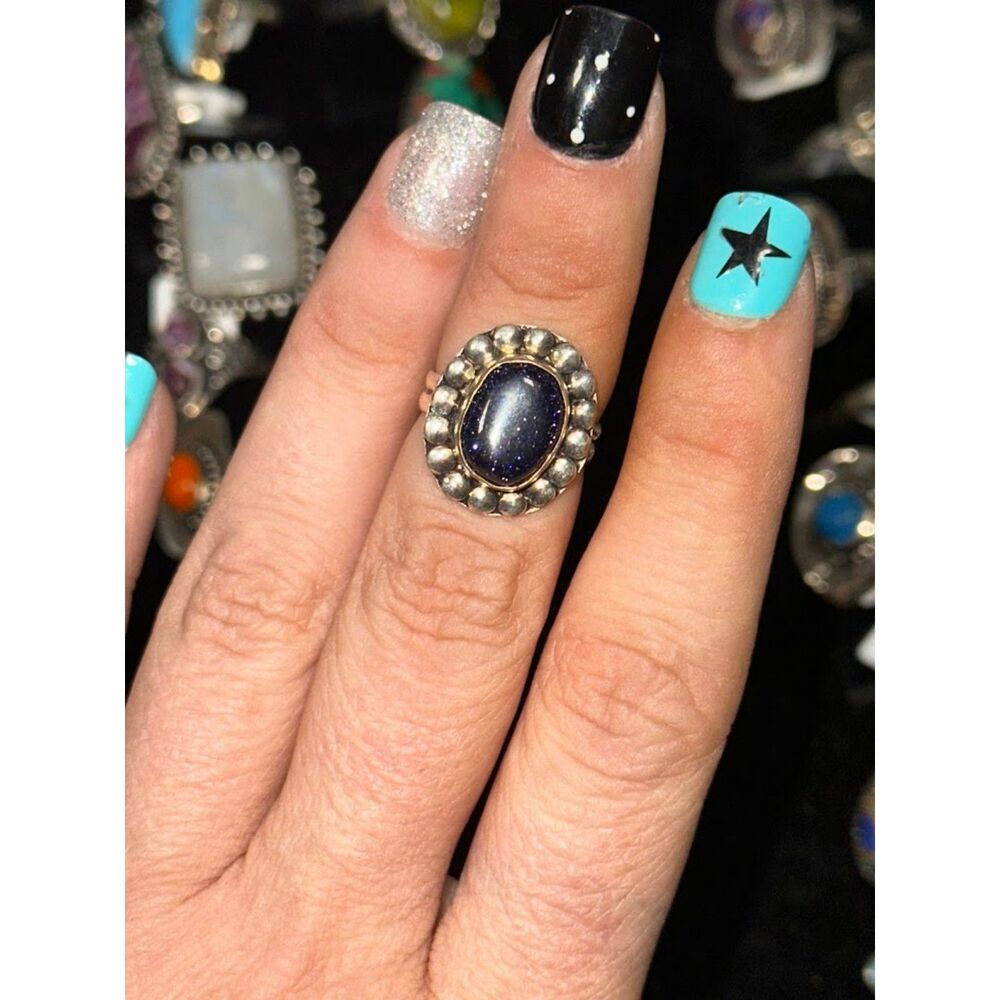 Dark Blue Sandstone Sterling Overlay Ring Size 5